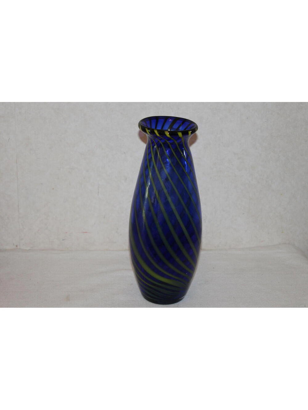 Art Glass Swirl Vase Cobalt Blue Yellow Spiral Hand Blown Glass Vase 11" Tall